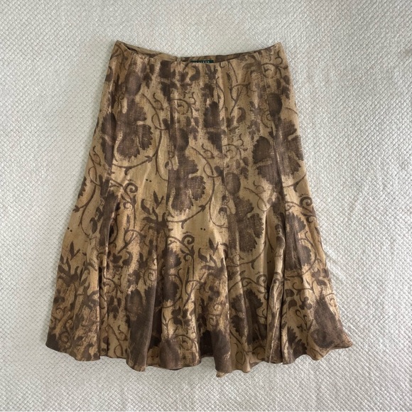 Lauren Ralph Lauren Y2K 90s Linen Midi Skirt Size 12 Brown Floral Fairy Grunge - Picture 6 of 12
